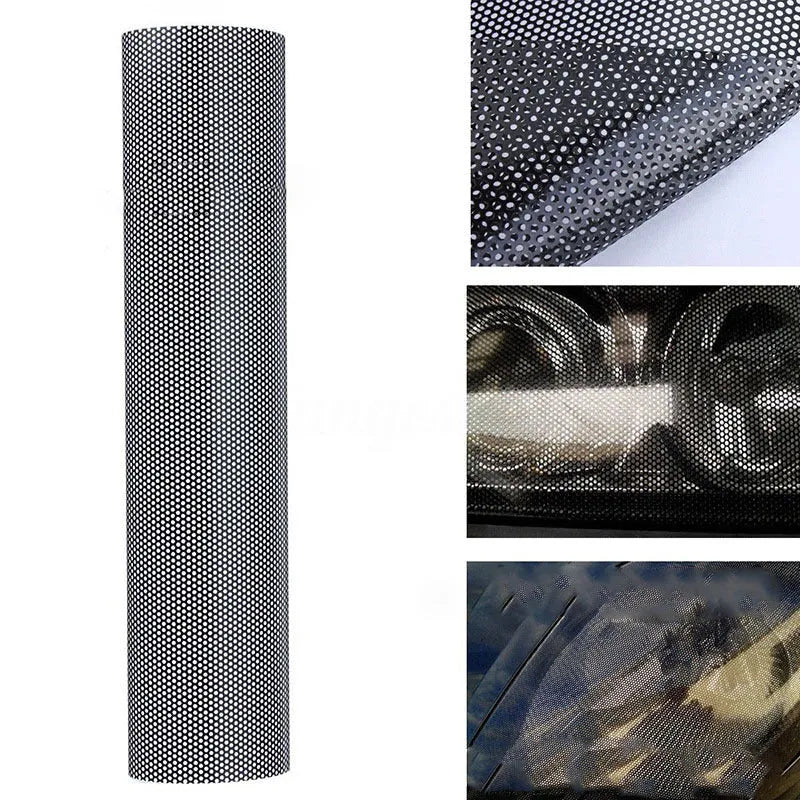 Roll of black perforated automotive vinyl wrap film showing mesh texture and scale.