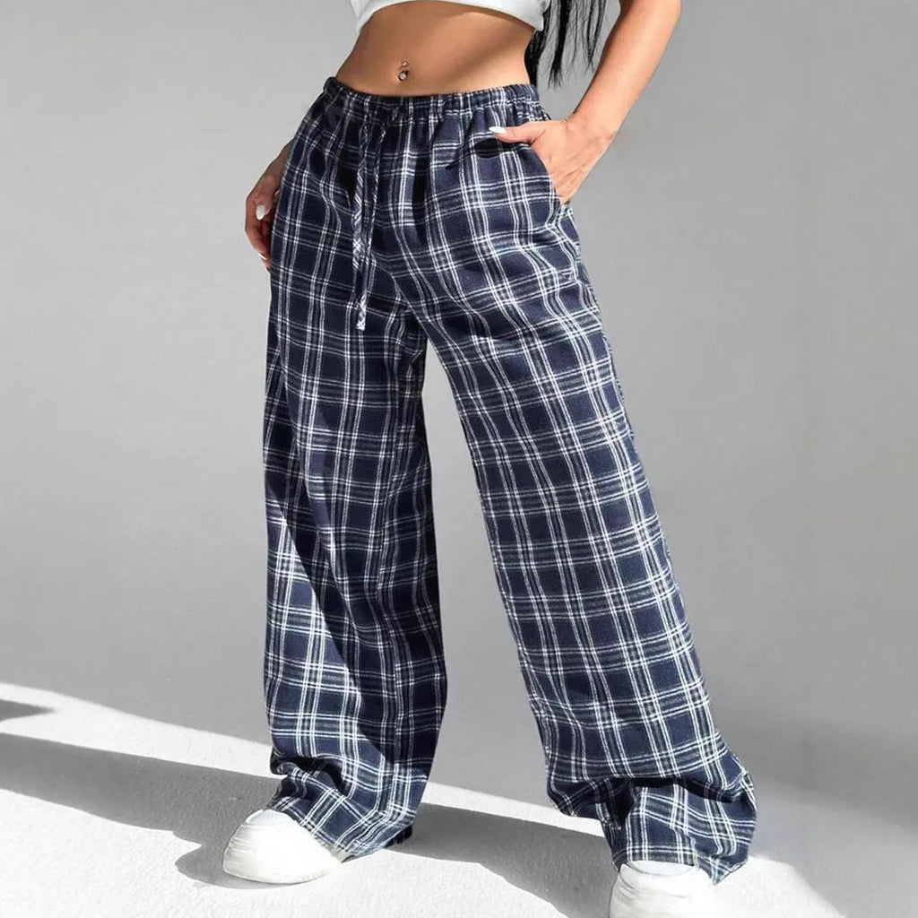 Blue plaid pocket on women's loose-fit casual trousers with a drawstring waistband.