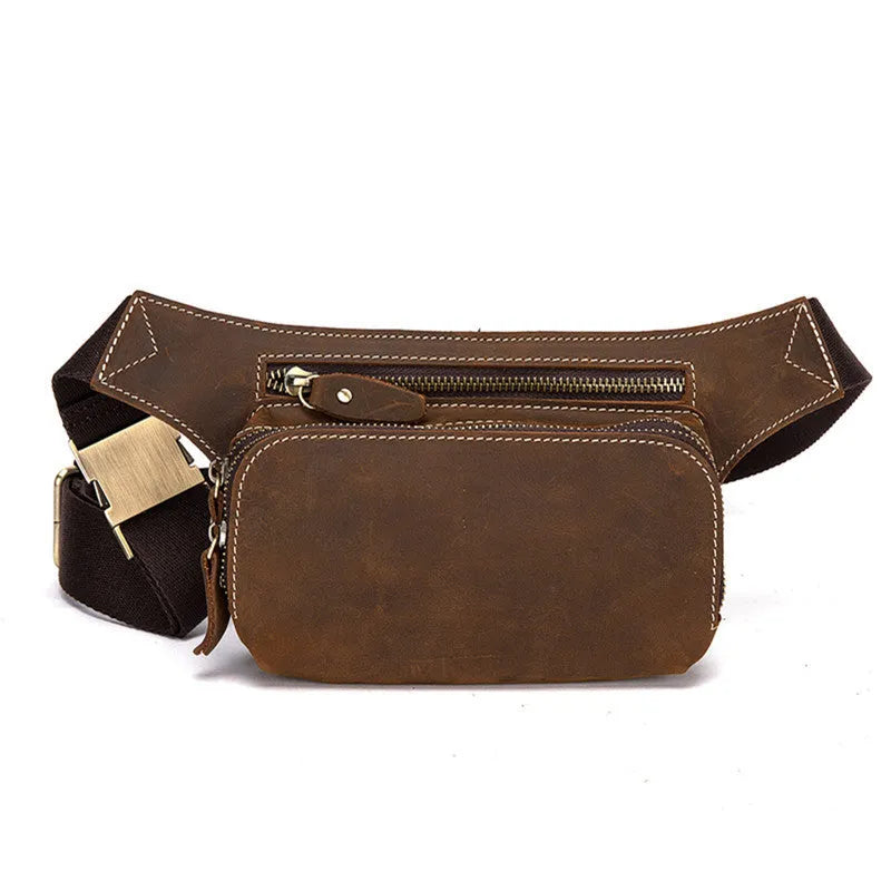 Brown cowhide leather men's waist bag with adjustable strap and zip closure