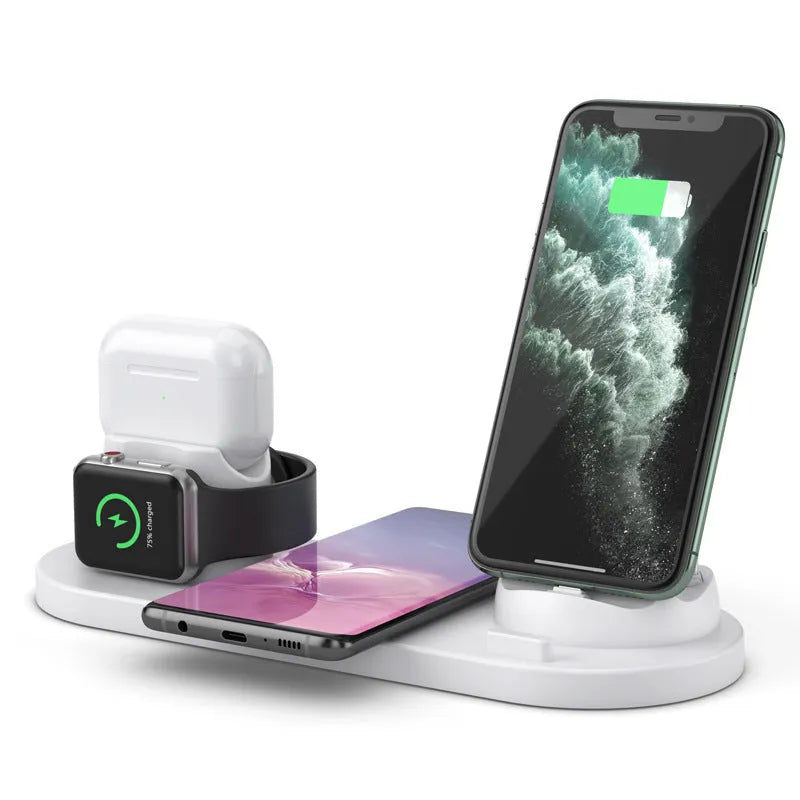 Black and white 6-in-1 wireless charging mobile phone holder with AirPods and iWatch charging ports