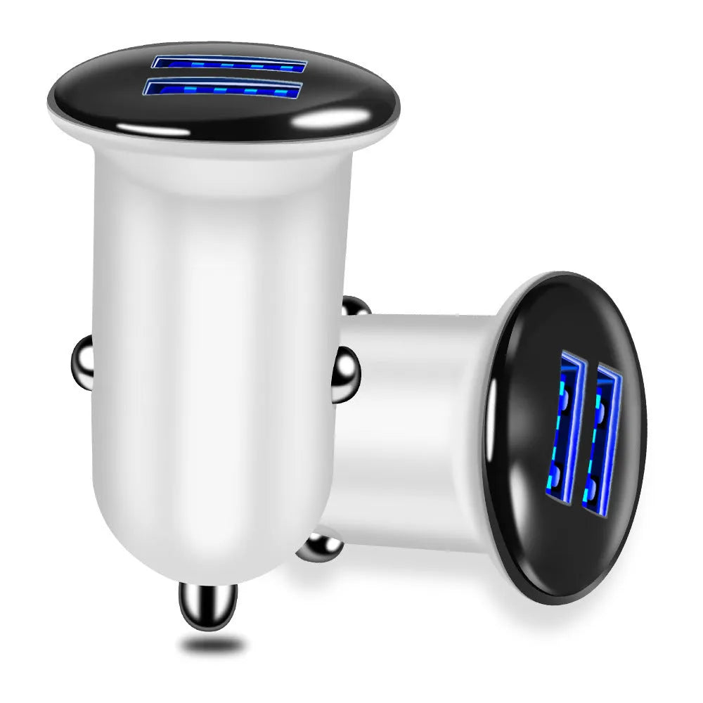 White LED dual USB car charger with electroplated finish, 50x28x28mm, for smartphone and tablet charging