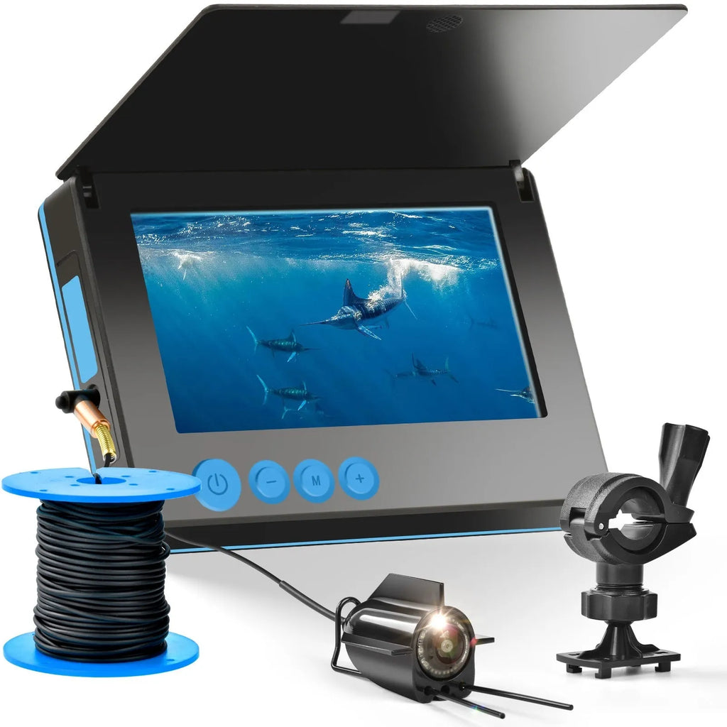 Underwater fish finder HD camera with 4.3-inch screen showing a fish on display, with 15, 20, and 30 metre cable options.