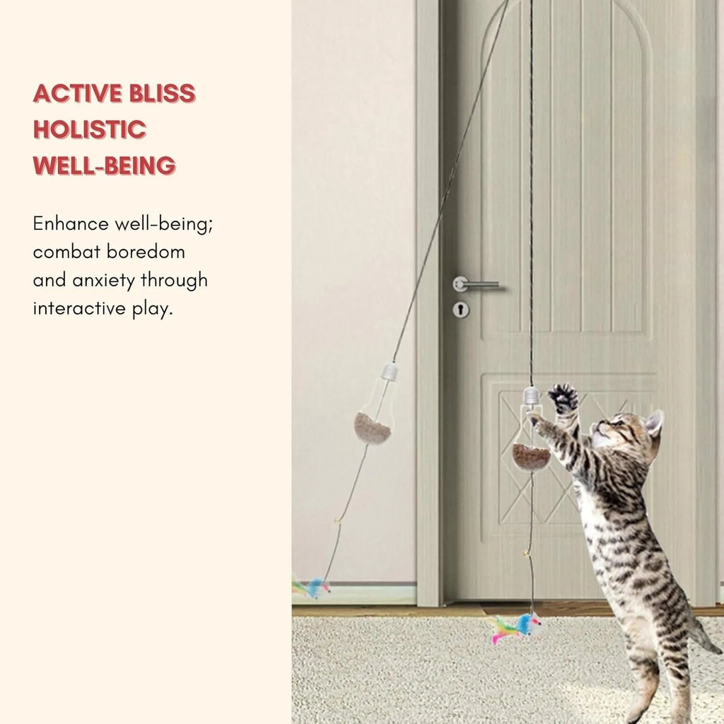 Grey and yellow interactive cat toy with retractable elastic rope, dangling mouse toy, and treat dispenser bulb