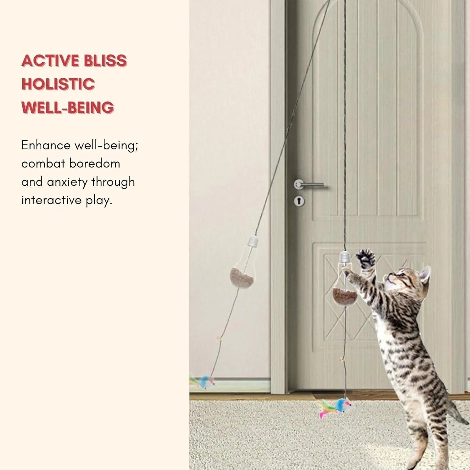 Grey and yellow interactive cat toy with retractable elastic rope, dangling mouse toy, and treat dispenser bulb