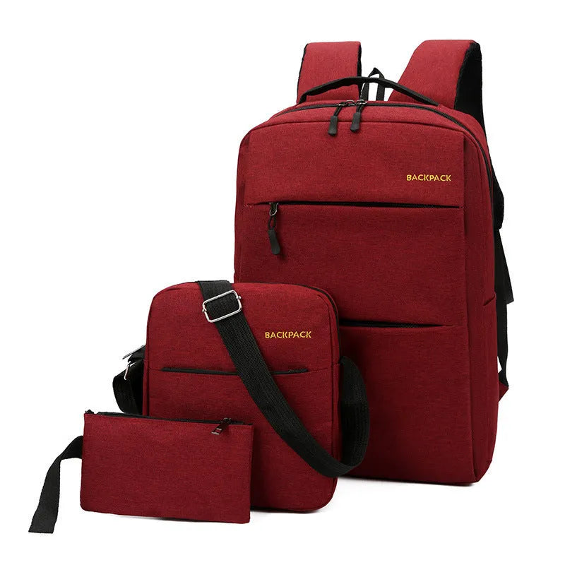 Men's nylon three-piece computer bag set with USB port in black, grey, navy, or wine red.