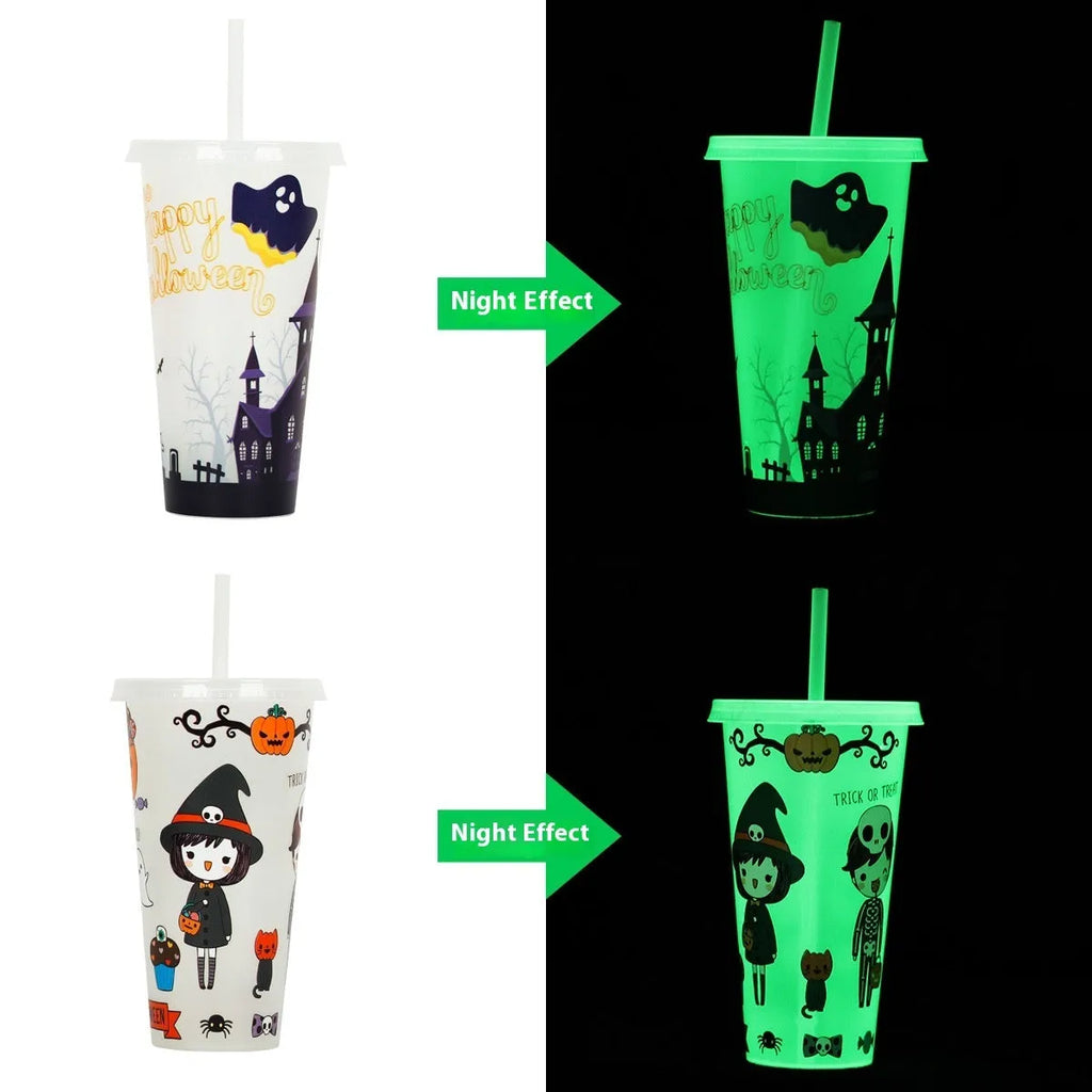 720ml Halloween luminous plastic straw cup showing six colour variations
