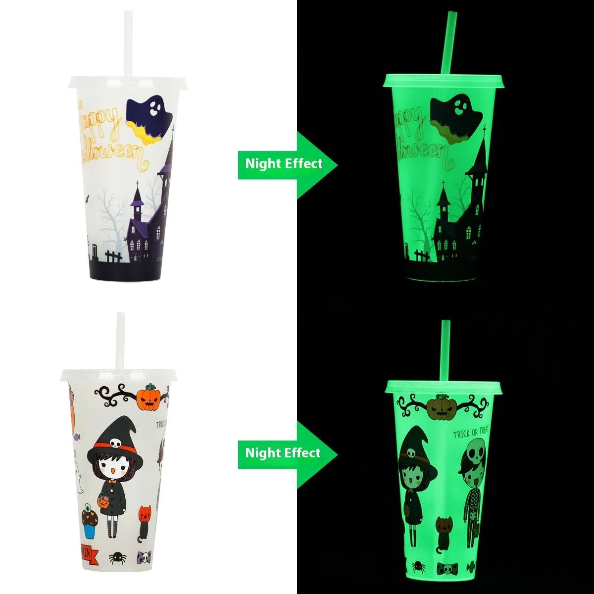 720ml Halloween luminous plastic straw cup showing six colour variations