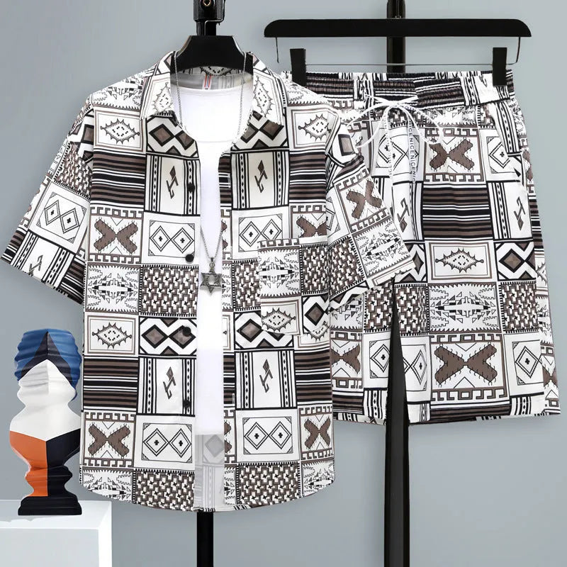 Men's casual polyester shorts two-piece set in a solid colour, showing short sleeve top and matching shorts.