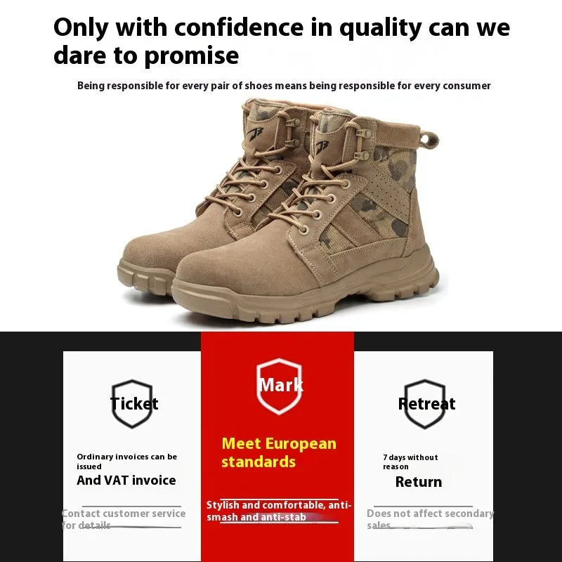 Khaki suede high-top combat boots with steel toe caps and lace-up closure for outdoor protection