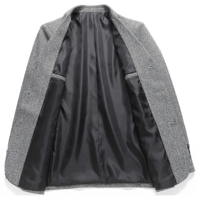Men's solid colour loose fit woolen coat for casual spring and autumn wear.