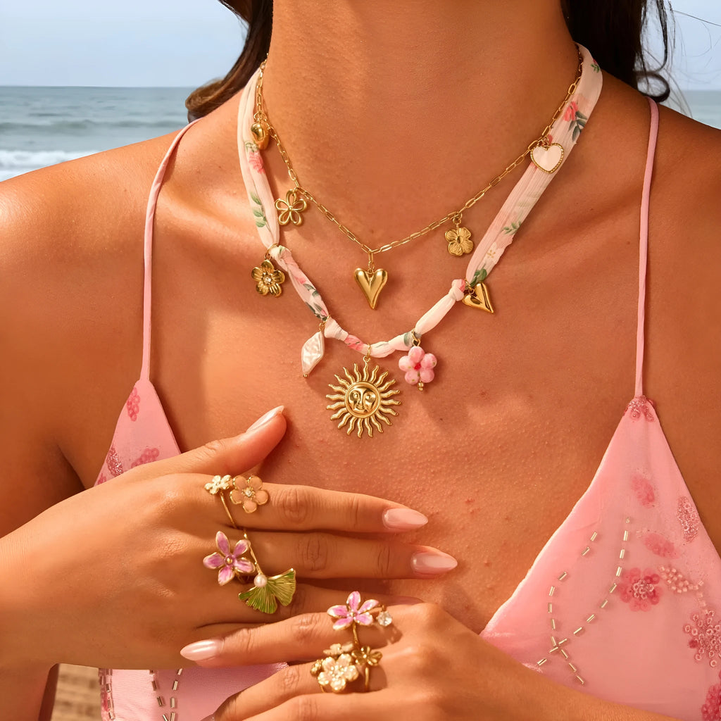 Sun Love stainless steel necklace with 18K gold electroplated heart or sun pendant on adjustable chain