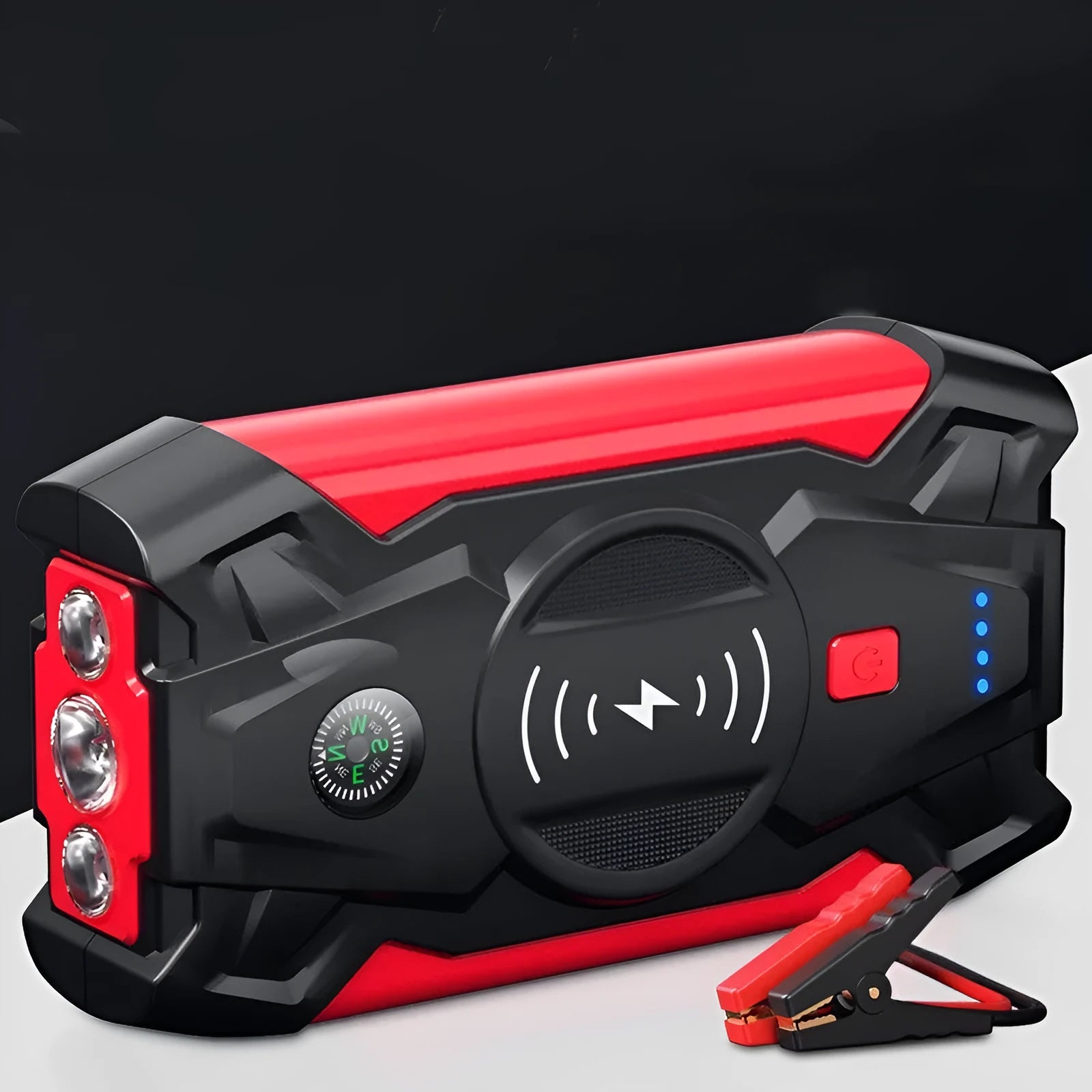 Red car emergency jump starter with digital display and thick battery clips