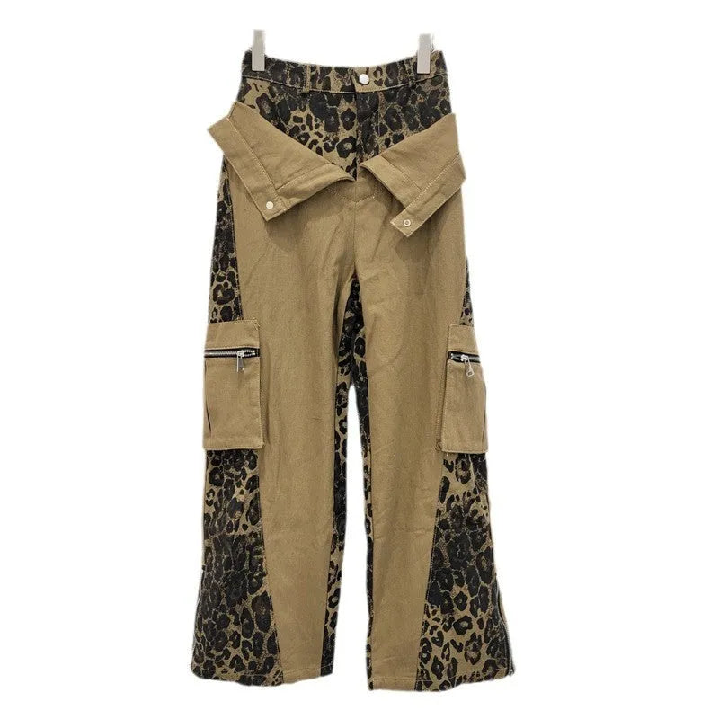 Dark khaki leopard print high waist tooling pants with fake two stitching detail on straight leg denim jeans