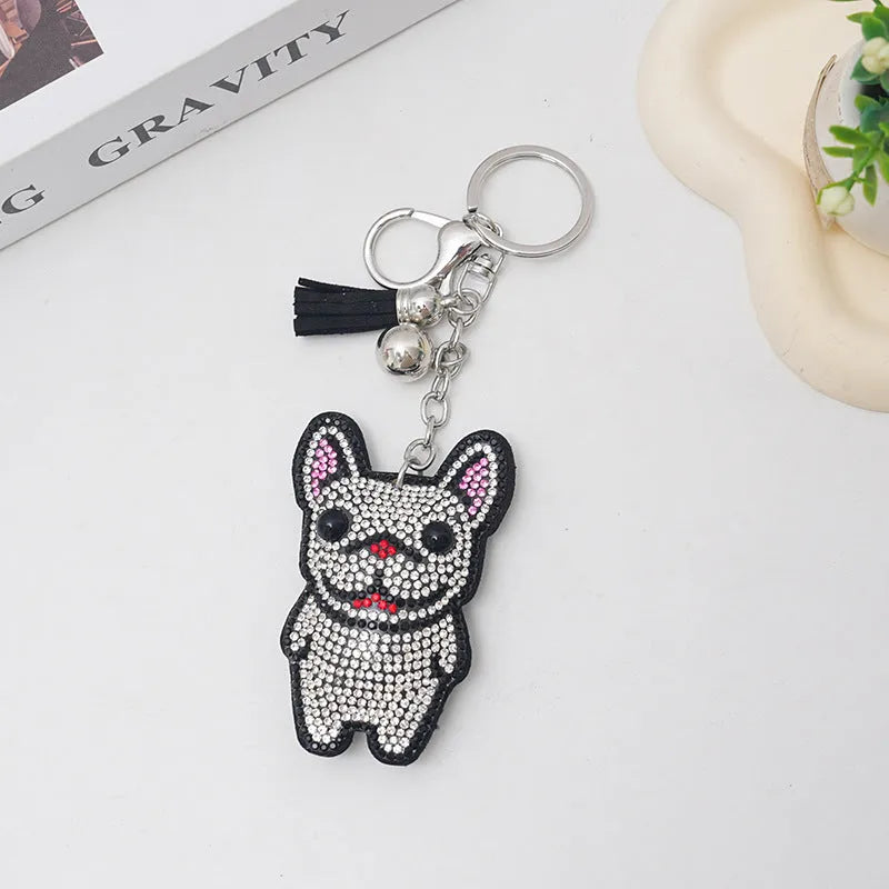 French dog cartoon rhinestone keychain with alloy tassel pendant measuring 5-7cm