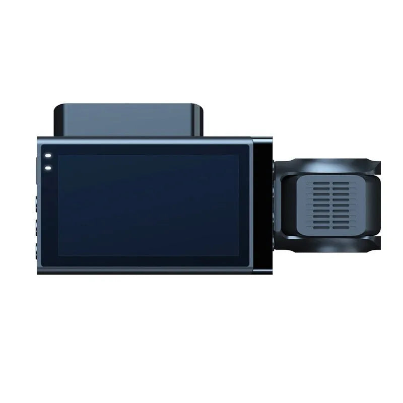 Black car dash cam with 5-inch screen for front, interior, and rear 2K recording with GPS.