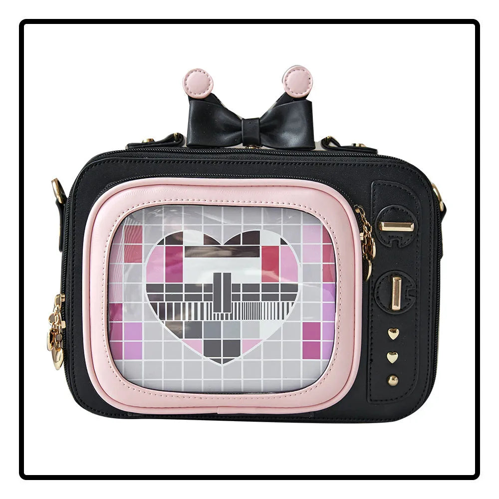PU snack square cross-body bag with antenna bow and detachable strap in Black Pink colour