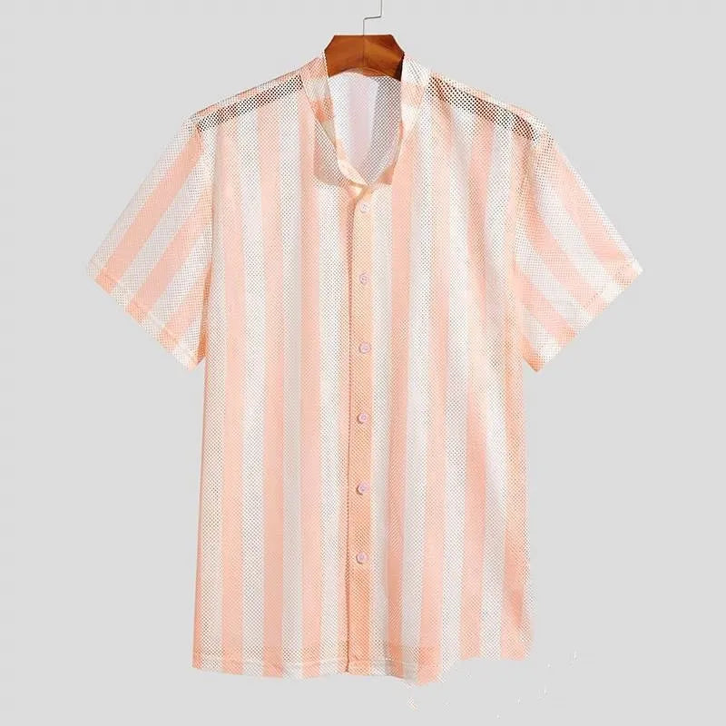 Pink men's loose-fit cardigan shirt with short sleeves and a waffle-textured fabric.
