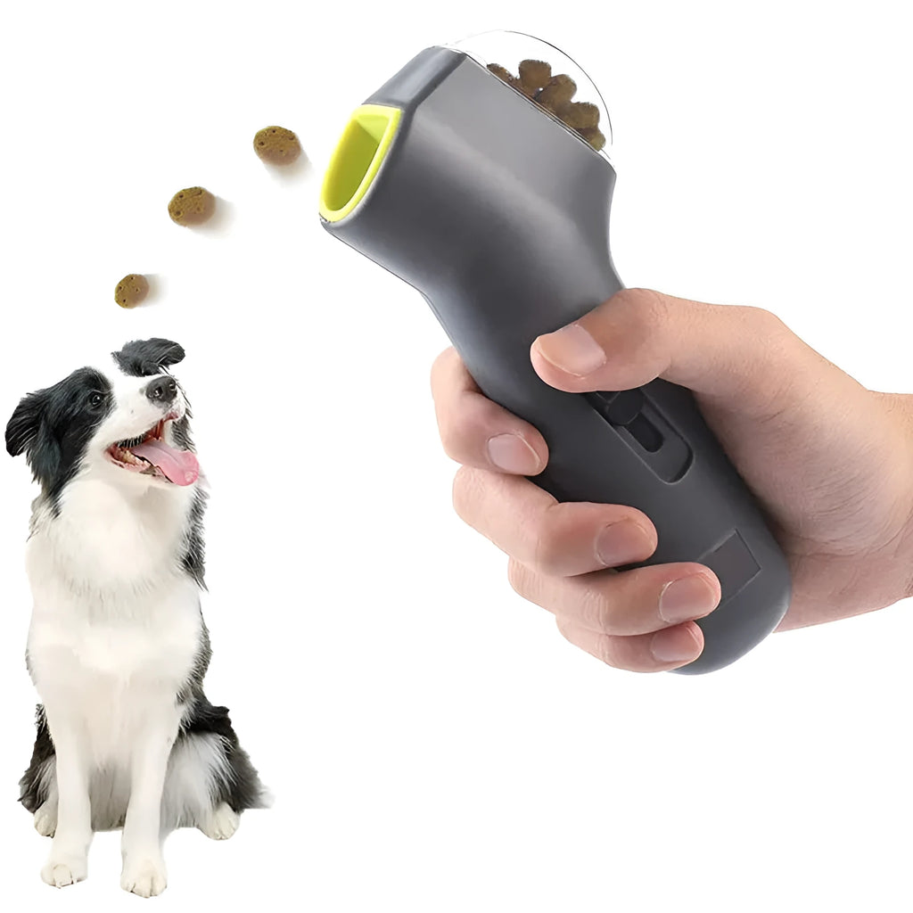 Grey plastic pet snack catapult launcher for dog training with measurements 18cm long