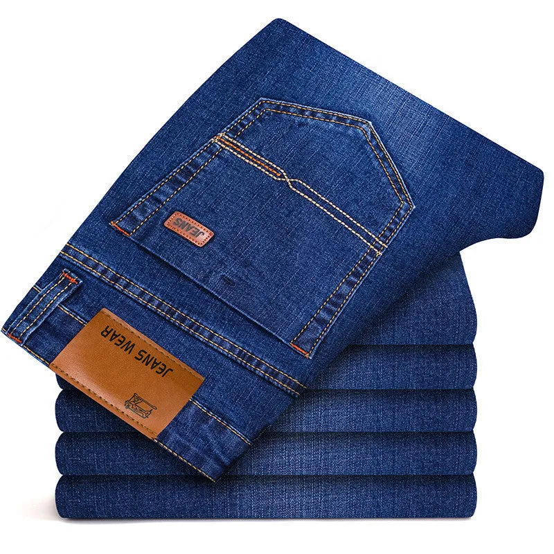 Men's slim fit elastic straight jeans in black cotton denim, full length view