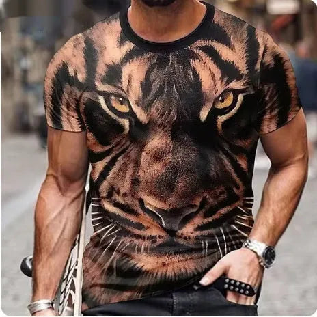 Men's grey t-shirt with a fierce 3D lion graphic print on the front