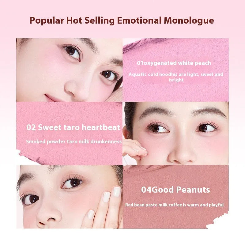 Powder blusher compact with nude shimmer shades including Oxygenated White Peach, Sweet Potato Heartbeat colours