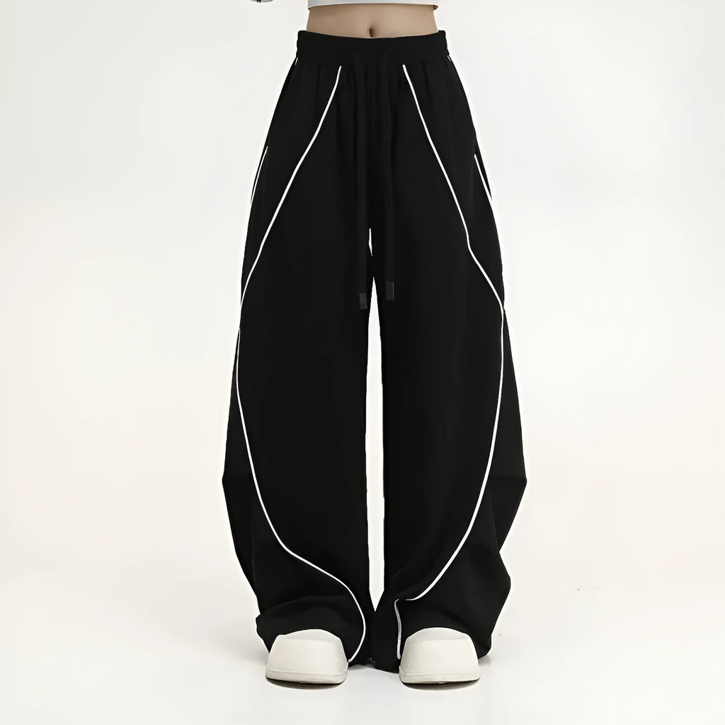 Black wide-leg pleated hip hop sports trousers with striped pattern