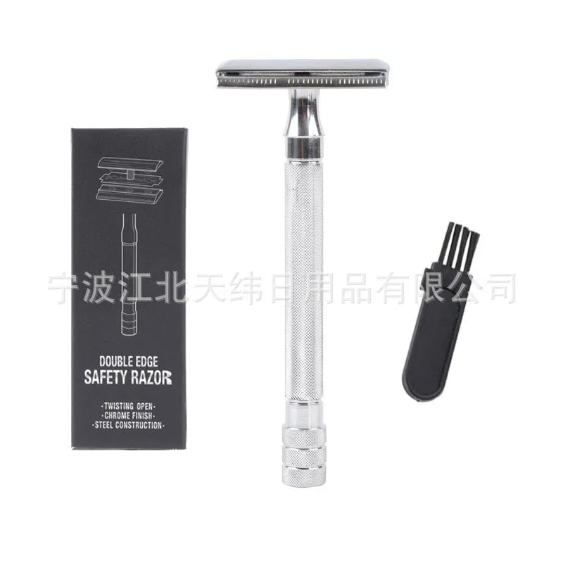 Traditional manual shaving razor with brush set on a black or silver handle
