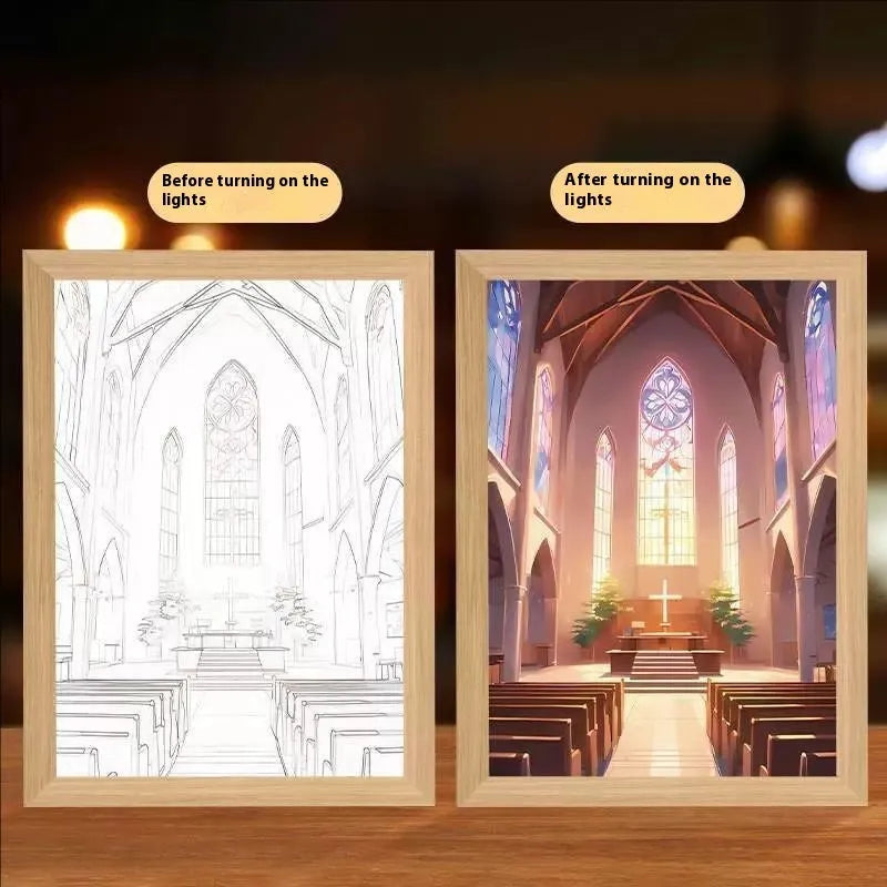 A4 LED light painting photo frame with modern rectangular design and themed artwork options