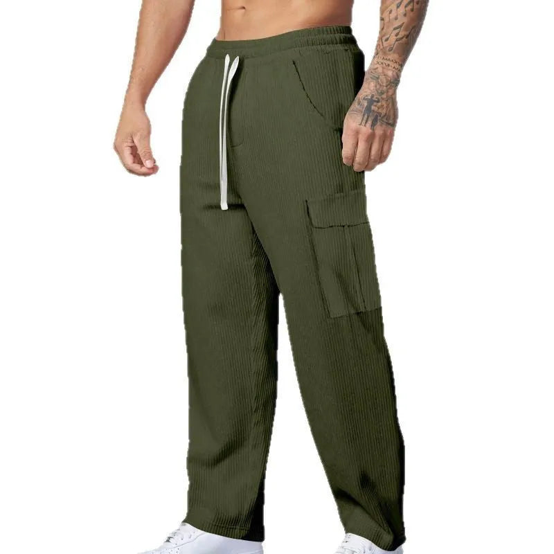 Men's straight-leg corduroy cargo trousers in navy blue with drawstring waist