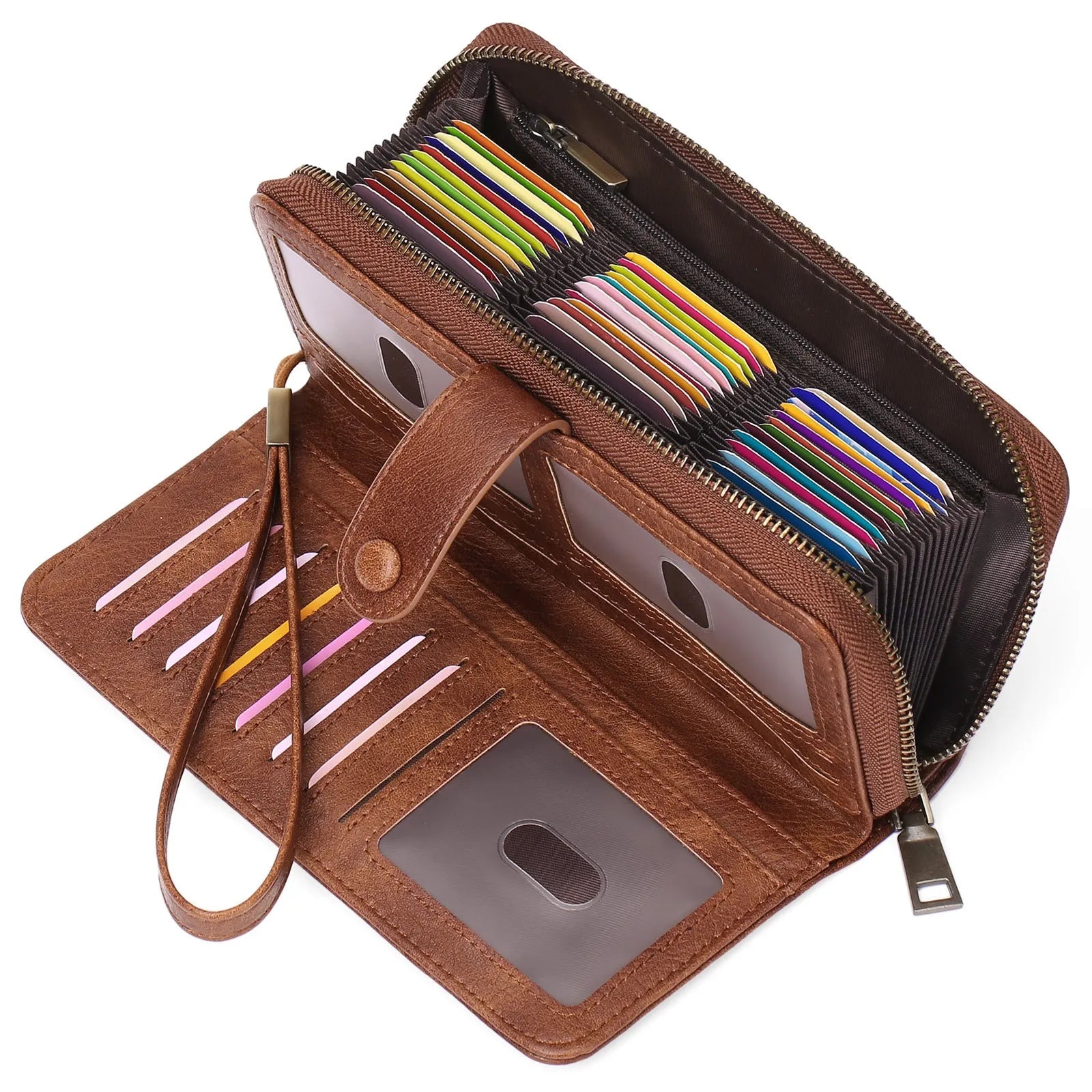 Women's expanding card holder long wallet in multiple colour options showing passport compartment and card slots