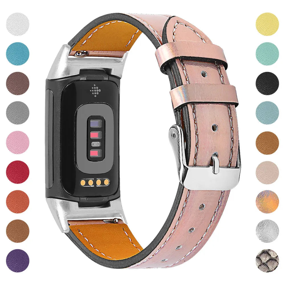 Genuine leather replacement strap for Fitbit Charge 5 and Charge 6 fitness trackers in various colours.
