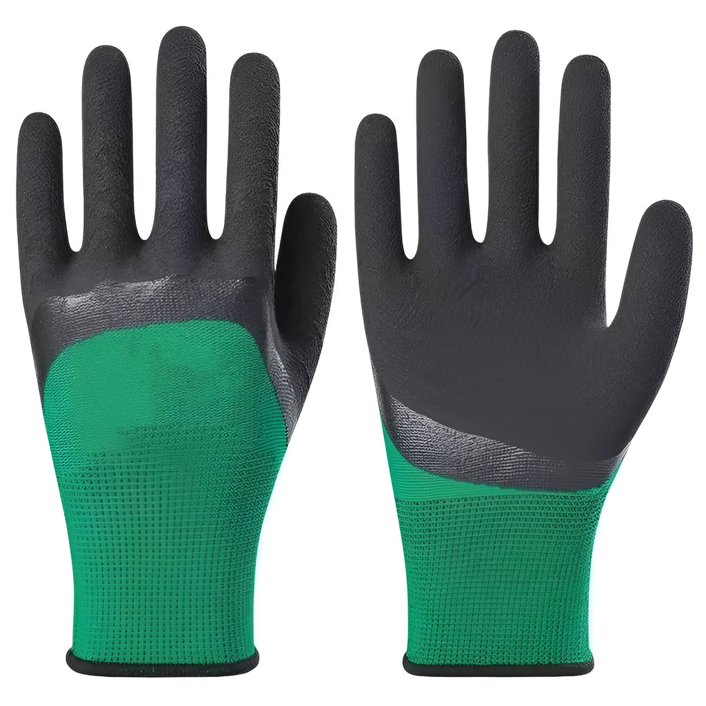 Black and green medium-sized rubber work gloves with visible stitching, shown on a workbench.