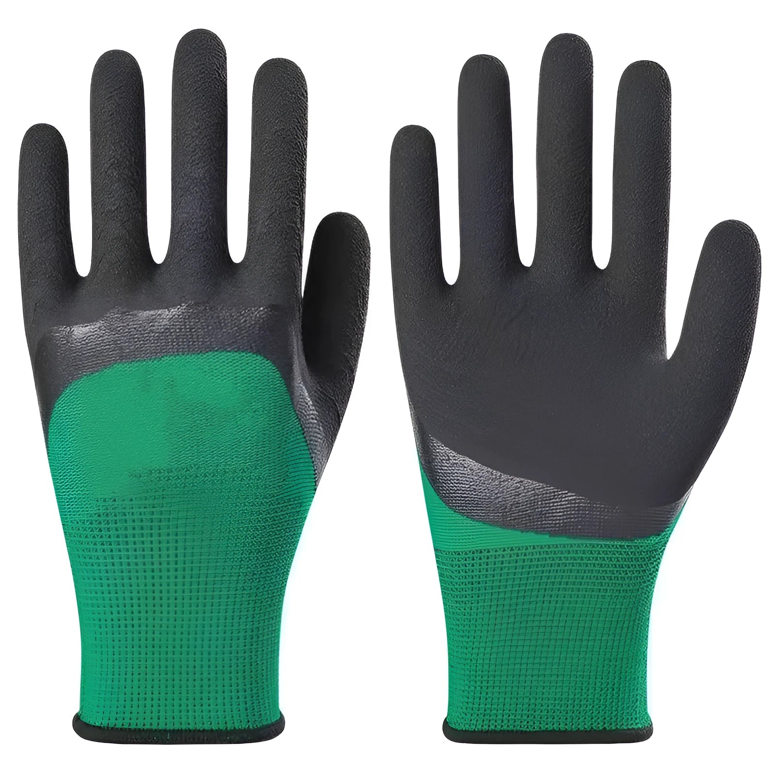 Black and green medium-sized rubber work gloves with visible stitching, shown on a workbench.