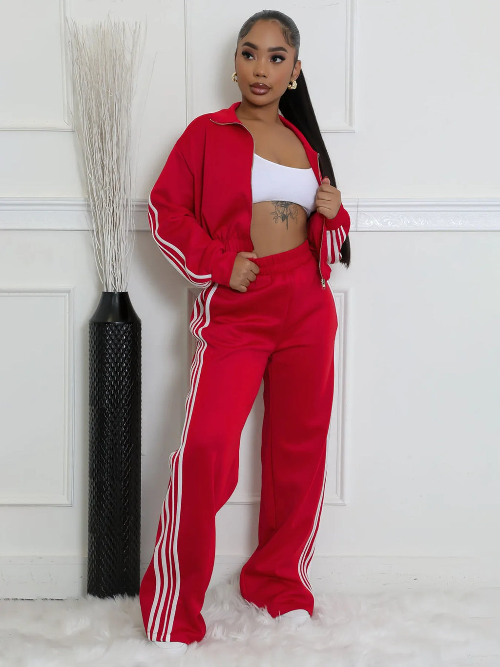 Striped street hipster two-piece suit set in polyester with zipper thickening sweater and matching trousers
