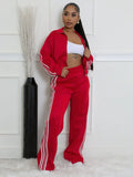 Striped street hipster two-piece suit set in polyester with zipper thickening sweater and matching trousers