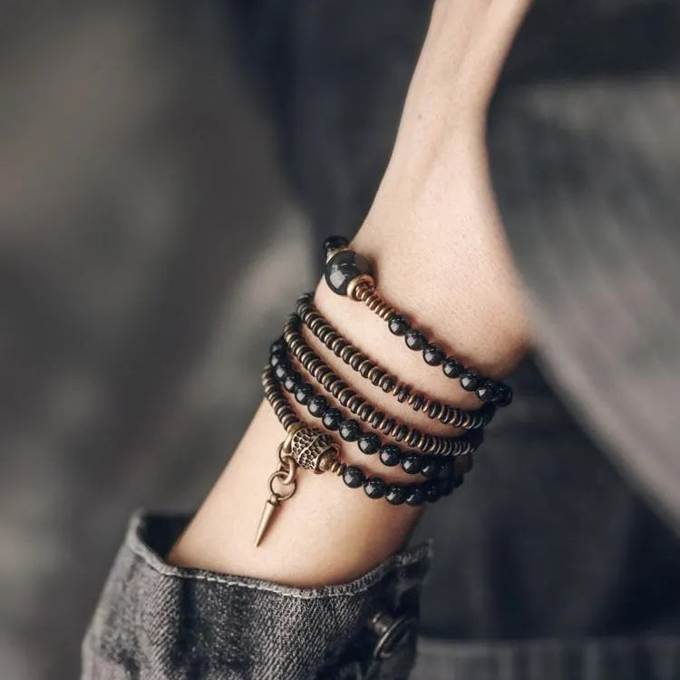 Black geometric layered beaded bracelet with adjustable sizing for unisex wear