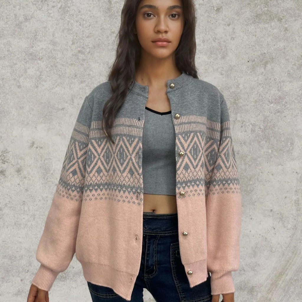 Women's red alpaca wool cardigan with grey and white diamond pattern and long sleeves