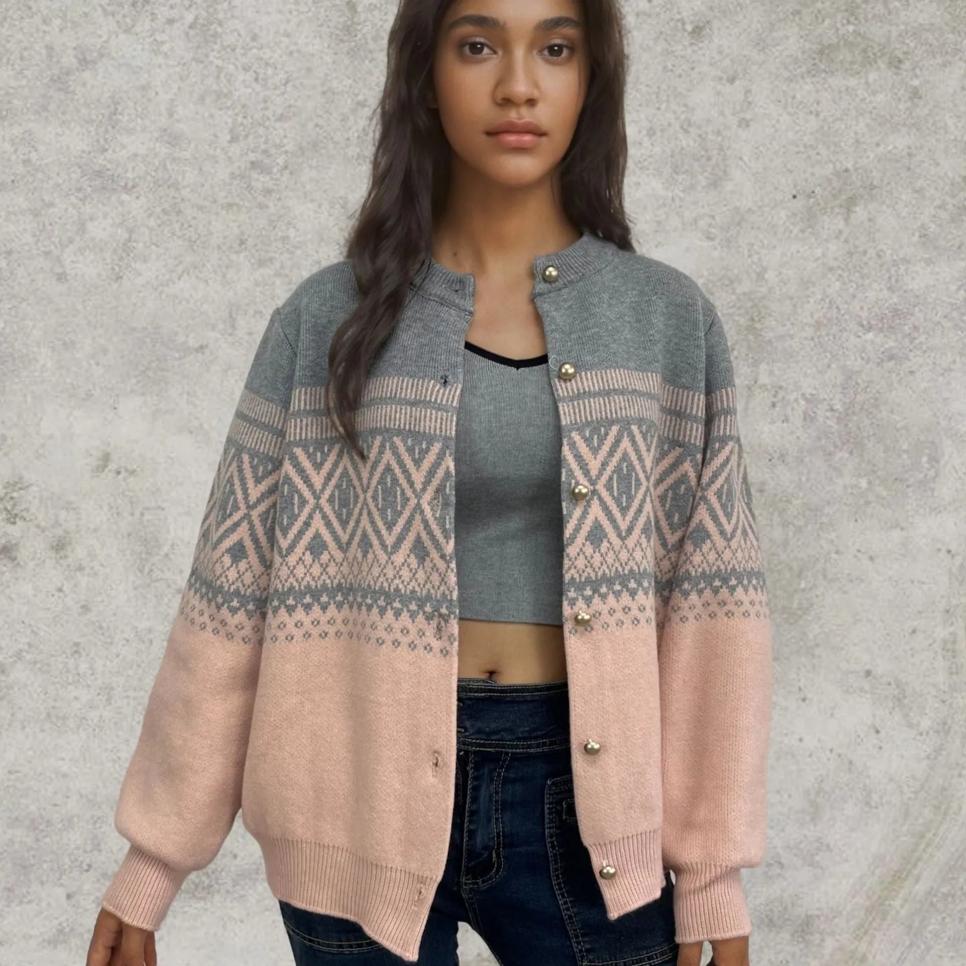 Women's red alpaca wool cardigan with grey and white diamond pattern and long sleeves