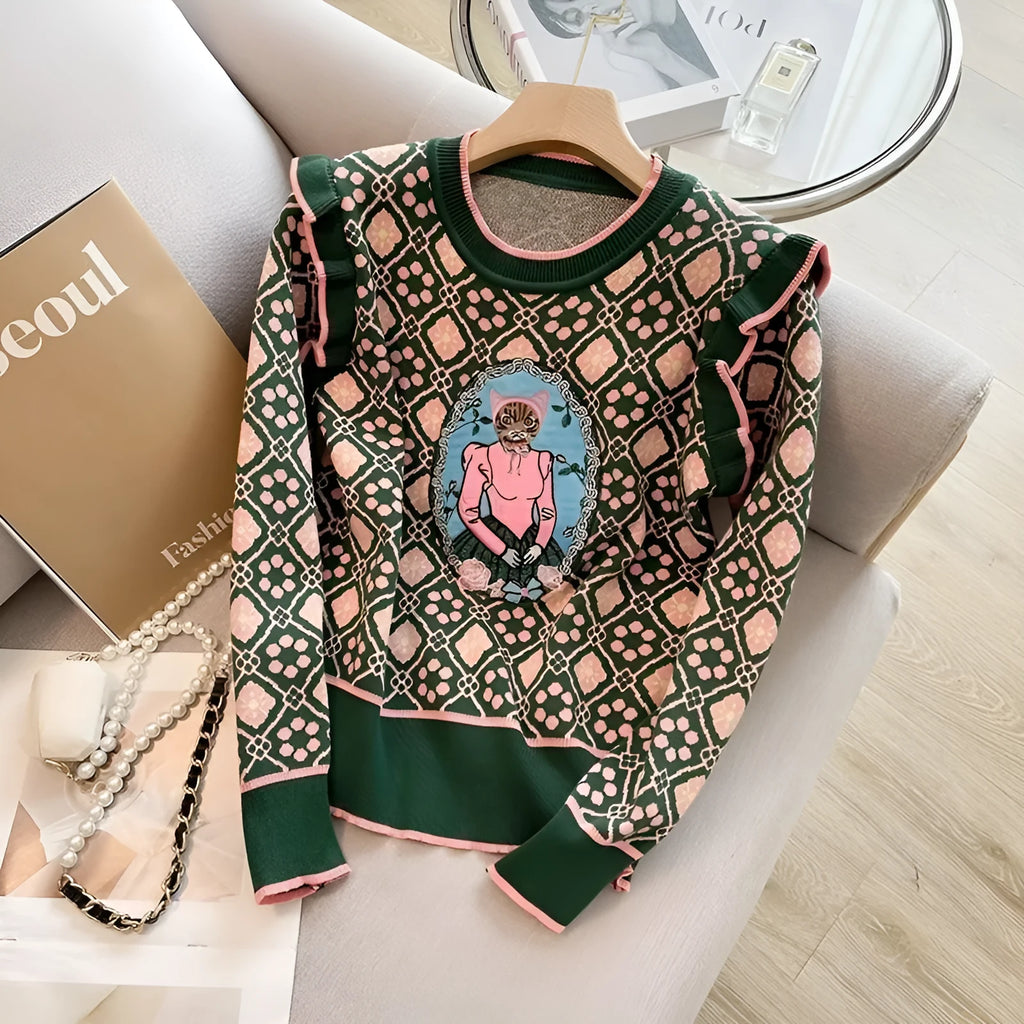 Green printed women's sweater with loose fit and regular sleeves for commuting style