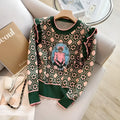 Green printed women's sweater with loose fit and regular sleeves for commuting style