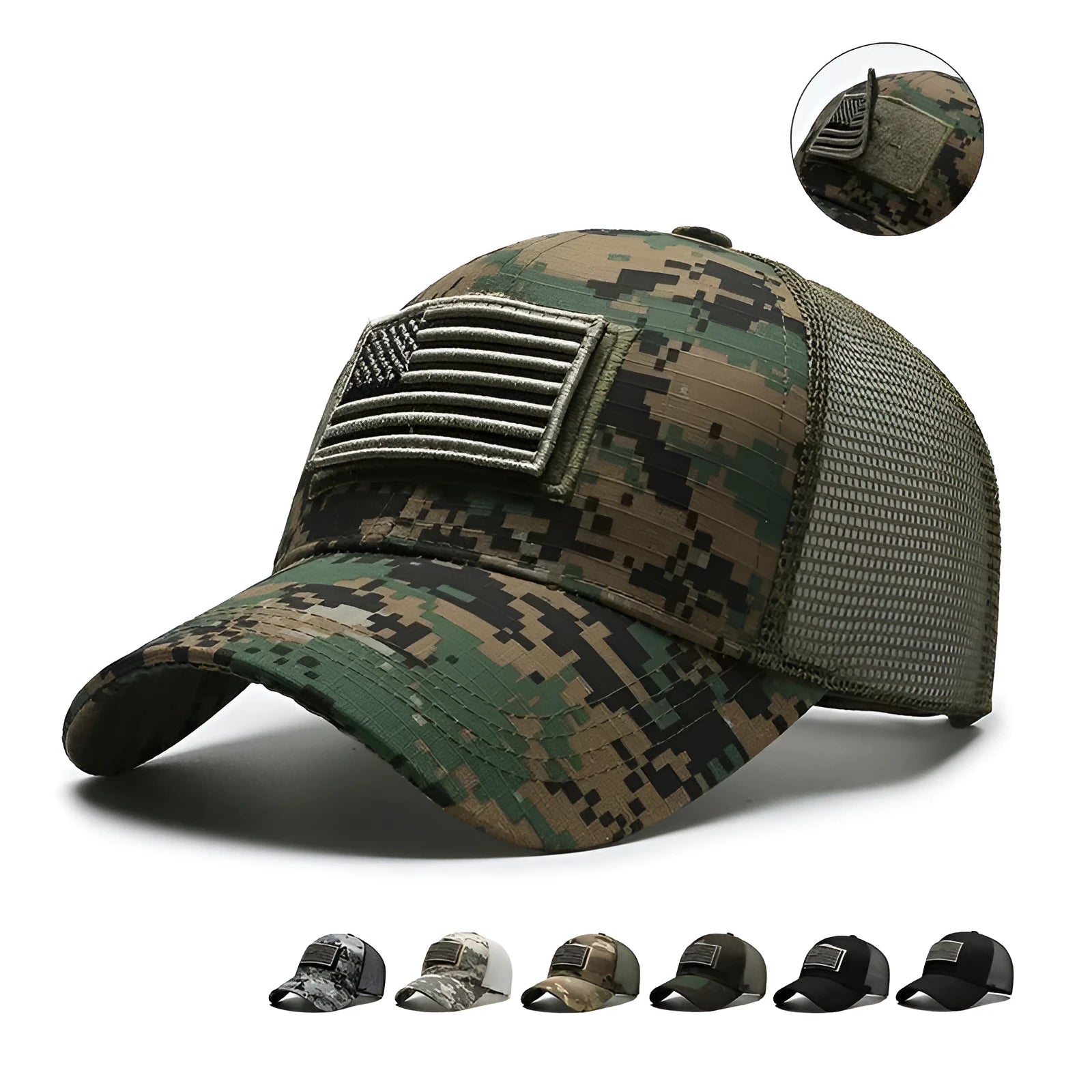 Tactical camouflage baseball hat with machine-embroidered patterns and adjustable sizing strap