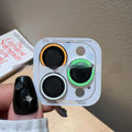 Luminous tempered glass camera lens protector for iPhone 14 Pro Max showing three-hole cutout in yellow blue pink