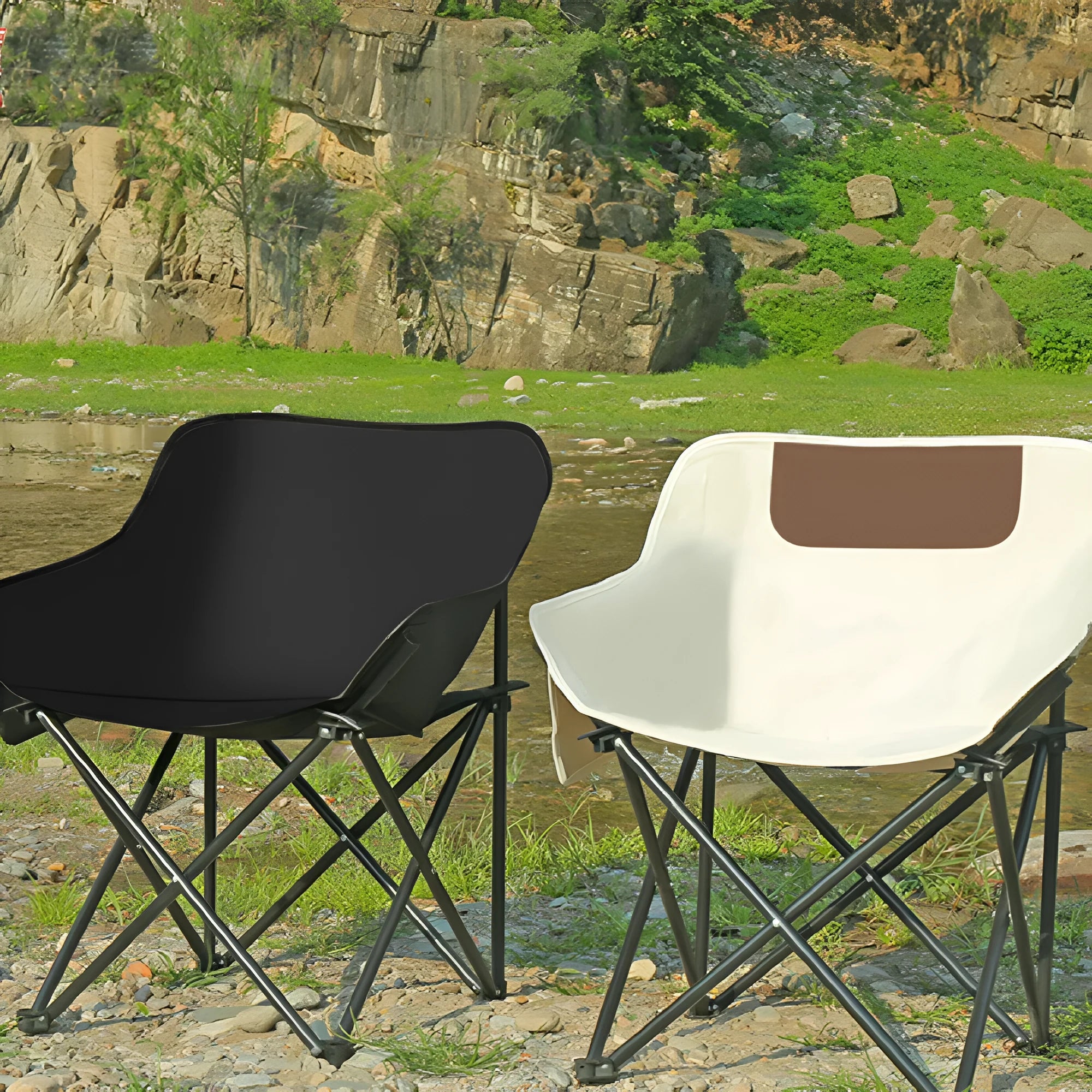 A folded and an open reclining camping chair with a steel frame and Oxford cloth seat in a choice of colours.