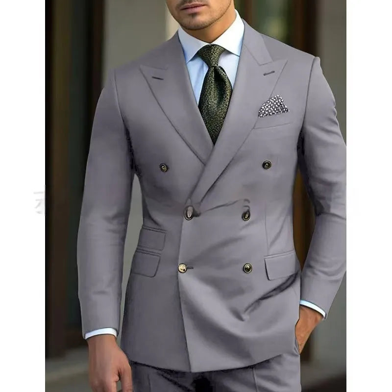 Men's light business style two-piece suit jacket and trousers on a hanger.