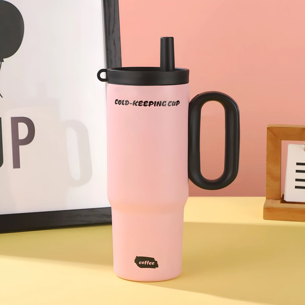DIY Vitality large insulated straw cup with handle in five colour options: black, pink, sky blue, white, yellow.