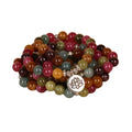 108-bead multi-layer alloy bracelet in a tourmaline colour, shown hanging and as worn jewellery.