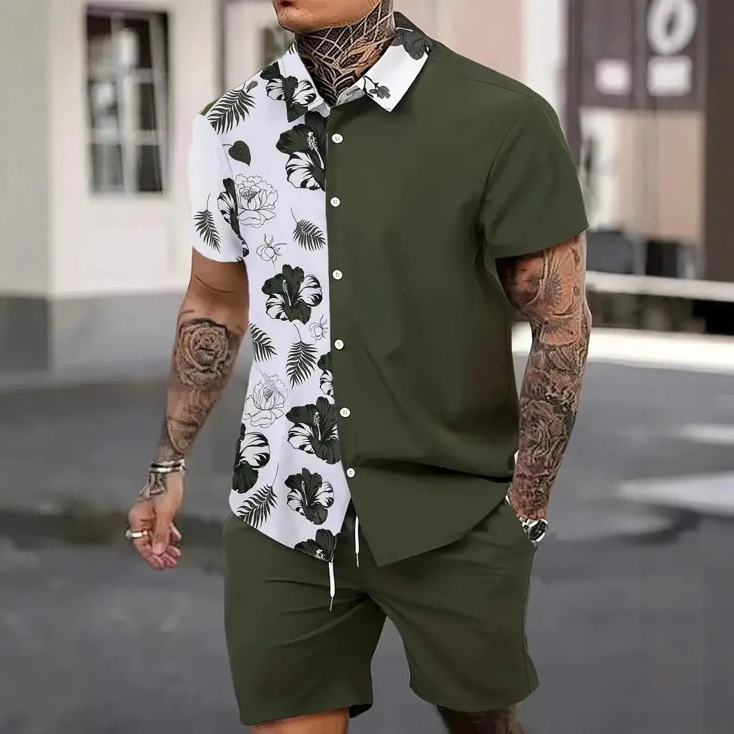 Men's 3D printed Hawaiian pattern short sleeve shirt and matching shorts casual suit set.