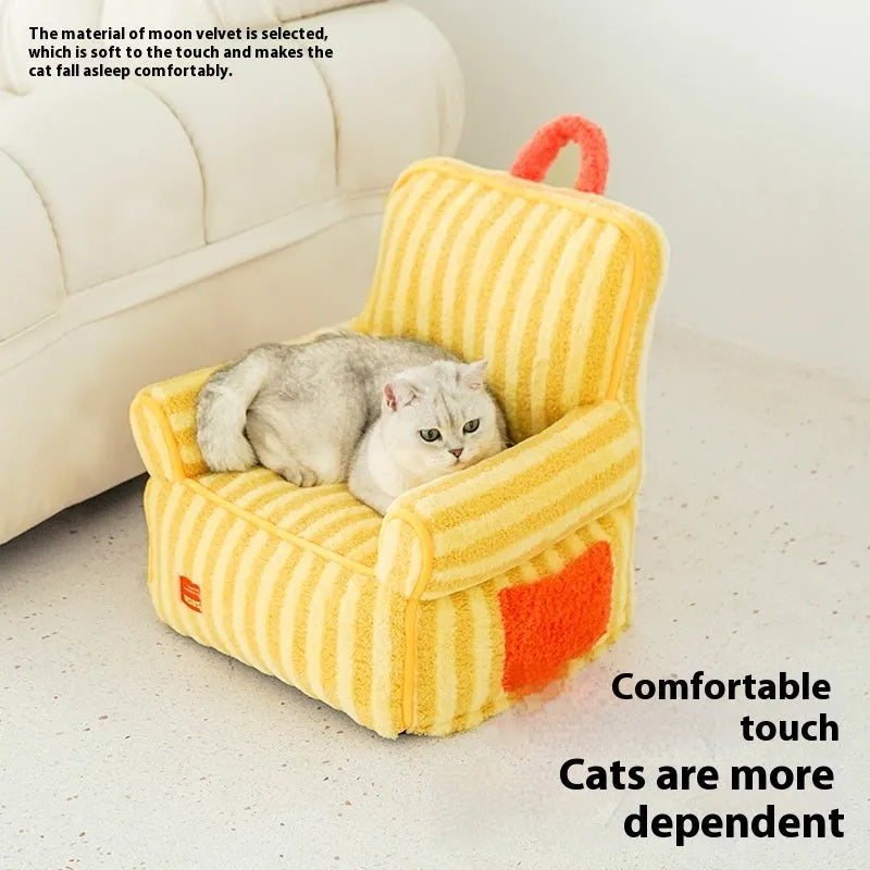 Striped soft velvet pet bed in yellow, orange, or purple with a removable washable cover.