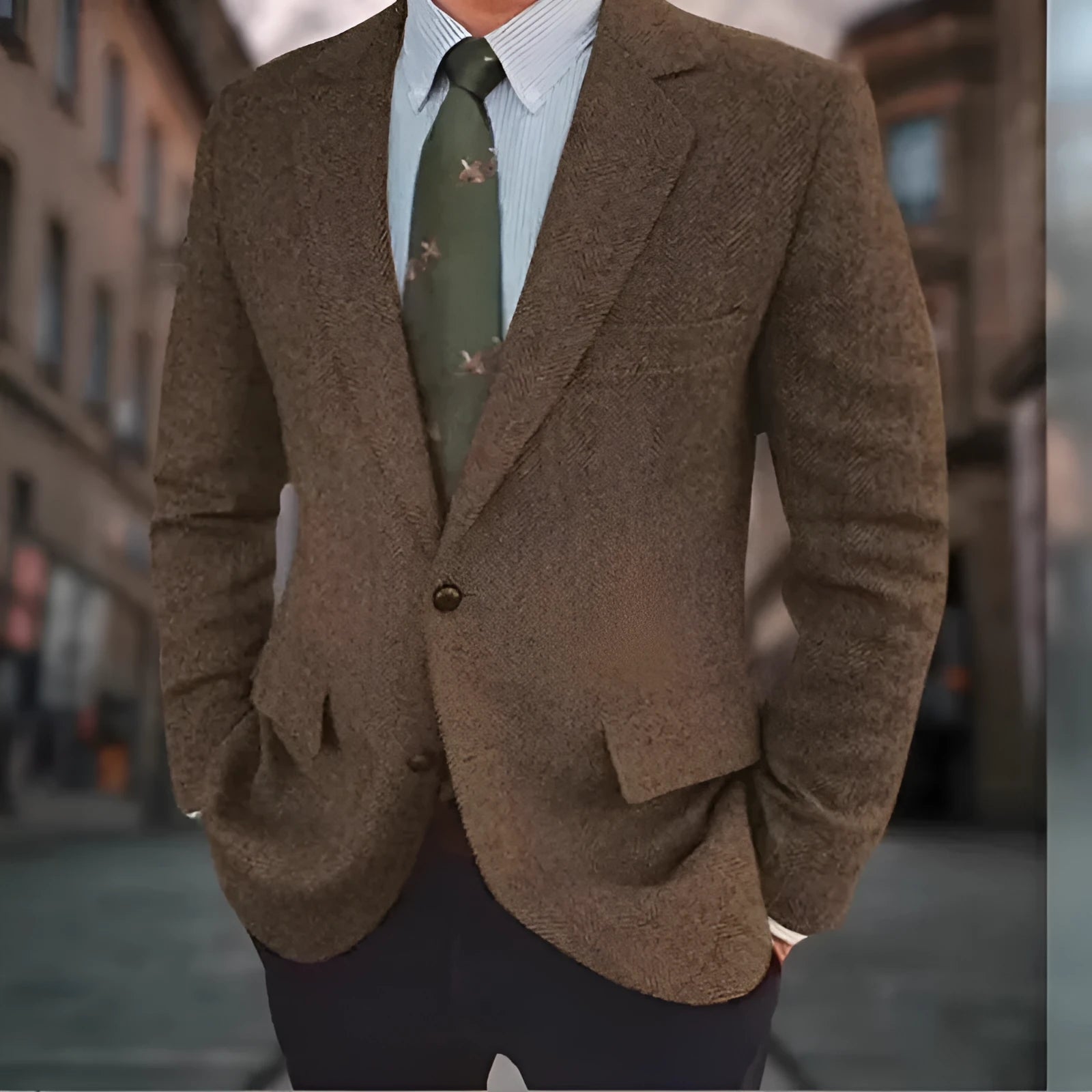 Man wearing a brown herringbone pattern retro suit jacket with a long sleeve cut.