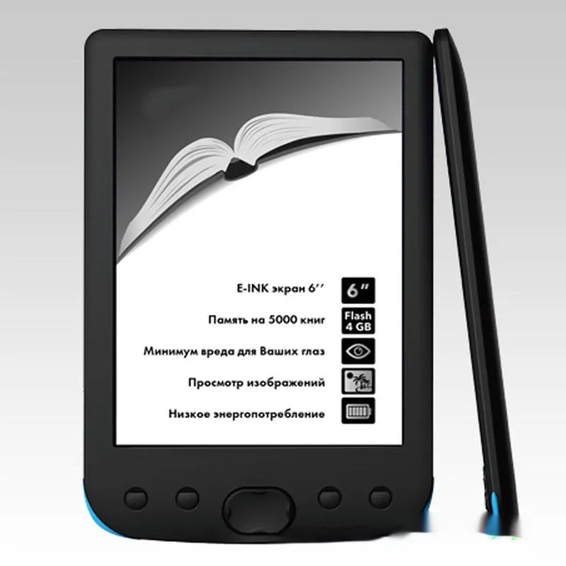 Black 6-inch E-ink e-book reader on a table showing a page of text.